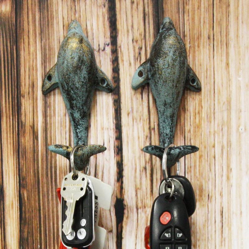 Ebros Set of 2 Dolphin Cast Iron Wall Coat Hooks Rustic Nautical Home Decor