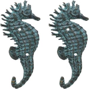 Ebros Verdigris Seahorse Single Wall Mounted Brass Coat Hook Hangers Set of 2
