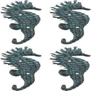 Ebros Verdigris Seahorse Single Wall Mounted Brass Coat Hook Hangers Set of 4