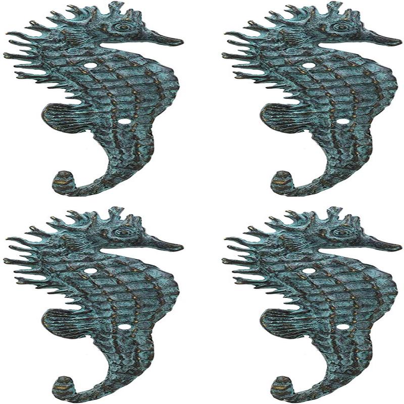 Ebros Verdigris Seahorse Single Wall Mounted Brass Coat Hook Hangers Set of 4