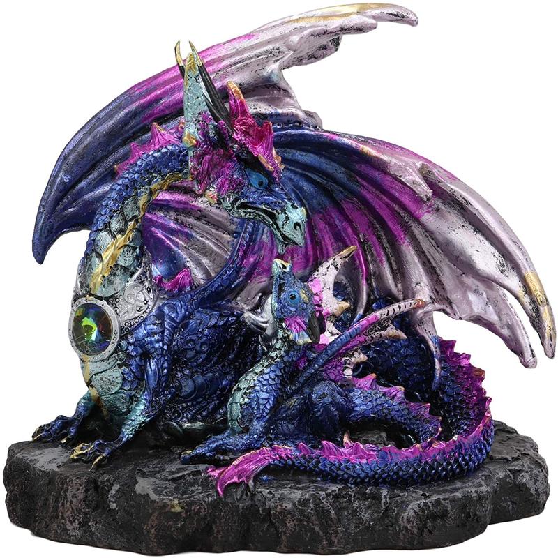 Ebros Violet Blue Midnight Sky Gemstone Mother Dragon with Baby Wyrmling Statue 7.25" Long Home Decor Resin Medieval Fantasy Dungeons and Dragons Figurine