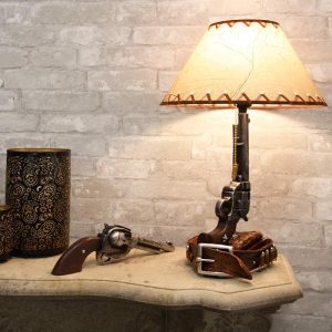 Ebros Western Six Shooter Revolver Gun with Holster and Ammo Belt Base Desktop Bedside Table Lamp with Shade 20.5"Tall Country Cowboy Rustic Home Decor Accent