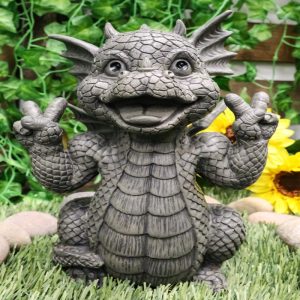 Ebros Whimsical Garden Dragon with Hippie Peace Sign Gesture Statue 10.5" Tall