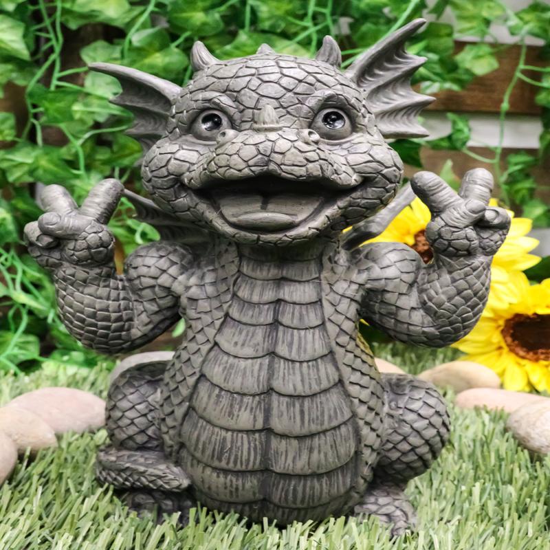 Ebros Whimsical Garden Dragon with Hippie Peace Sign Gesture Statue 10.5" Tall