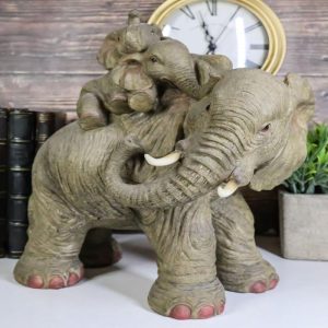 Ebros Wildlife Elephant Father and 2 Calves On Piggyback Playing Statue 10.5" Tall Resin Safari Elephants Family Figurine Sculpture Decor Gifts