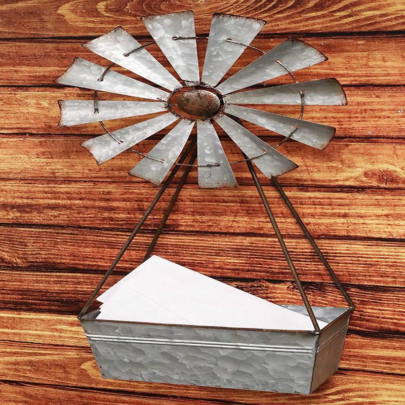 Vintage Galvanized Metal Windmill Wall Hanging Basket Planter Mail Holder 25"H