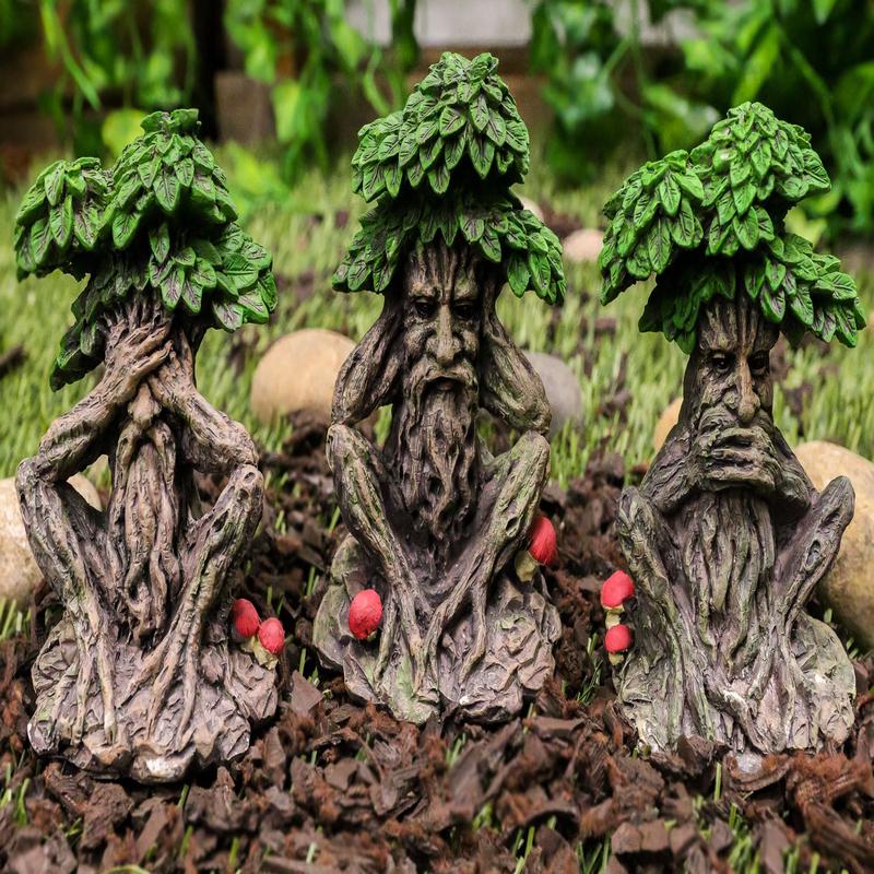 Wiccan Forest Spirit Deity See Hear Speak No Evil Greenman Tree Ents Statue Set