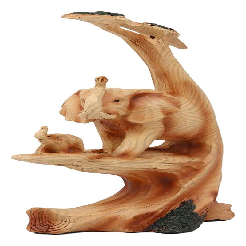 Wildlife Elephant Father With Calf In Savanna Scenery Statue Faux Wood Resin