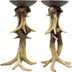 Ebros 14" Tall Rustic Buck Elk Deer Entwined Antlers Candle Holder Stand Set of 2