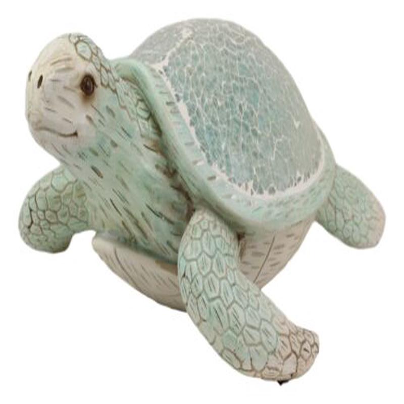 Ebros Aquamarine Coastal Beach Sea Turtle Statue With Mosaic Crushed Glass Shell 10"L
