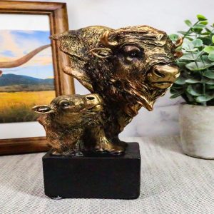 Ebros Gift 6" Tall Wild Bison and Calf Head Bust Figurine with Black Pedestal
