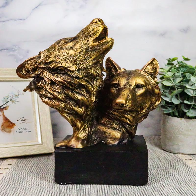 Ebros Gift 9" Tall Gray Wolf and Pup Head Bust Figurine with Black Pedestal