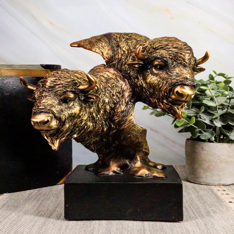 Ebros Gift 9" Tall Wild Bison and Calf Head Bust Figurine with Black Pedestal