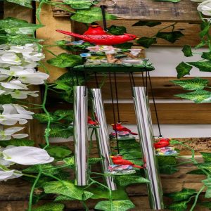 Ebros Red Crest Cardinal Birds Lovers Couple Wind Chime Patio Garden Decor 21" L