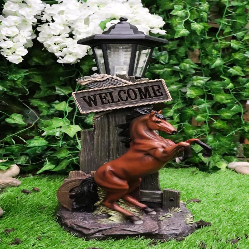 Ebros Western Rearing Horse with Welcome Sign Statue w/ Solar LED Lantern Light