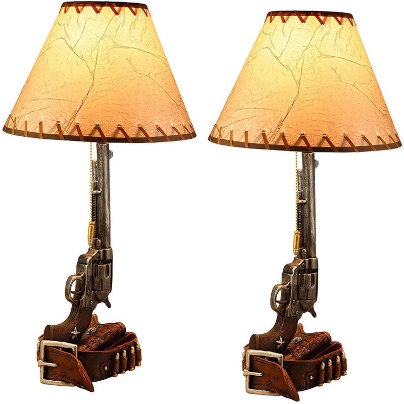 Ebros Western Revolver Bedside Table Lamp with Shade 20.5"Tall (Set of 2)