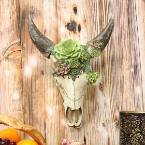 Ebros Western Vintage Aged Faux Taxidermy Wildlife Horned Game Animal Skull Head With Painted Flowering Succulents Wall Mount Decor 3D Replica Skulls Hanging Plaque Sculpture (Steer Bison Buffalo Cow)