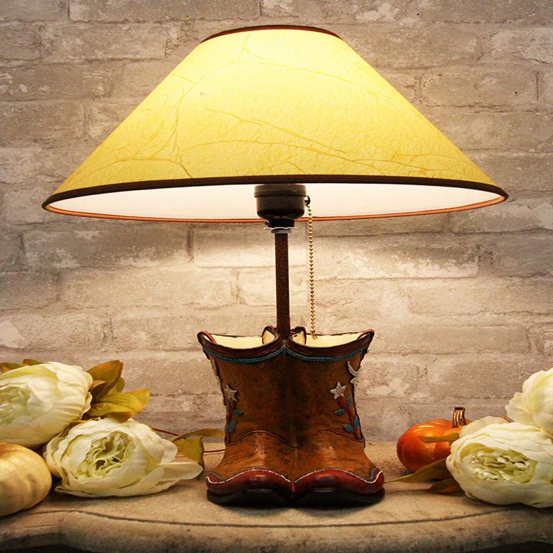 Ebros Western Vintage Cowboy Cowgirl Pair of Boots with Bejeweled Steer Cow Design Desktop Side Table Lamp 18.5"Tall Rustic Country Southwestern Bedside Home Accent Lighting Decor