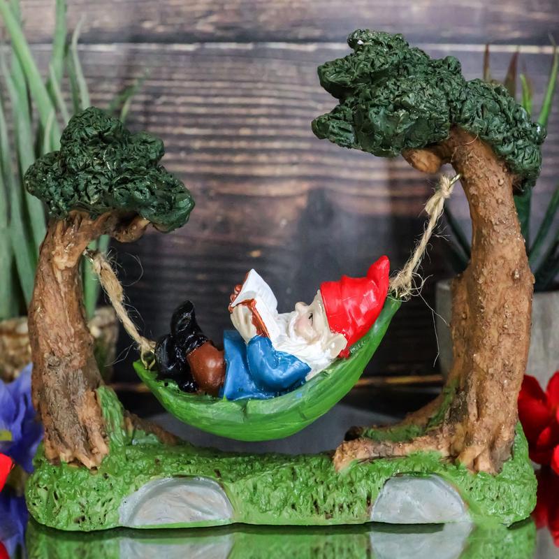 Ebros Whimsical Bookworm Gnome Sleeping On Hammock by Toadstool Mushrooms Forest Tree Ents Statue 6.5" Wide