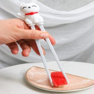 Ebros White Maneki Neko Reusable Training Chopsticks Set With Silicone Helper
