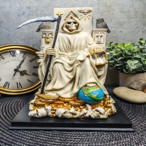 Ebros White Robe Santa Muerte Holy Seated On Throne with Scythe Statue 10.5"H