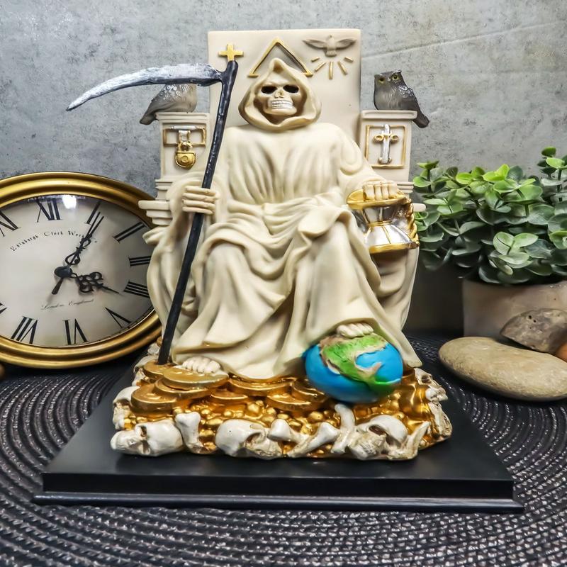 Ebros White Robe Santa Muerte Holy Seated On Throne with Scythe Statue 10.5"H
