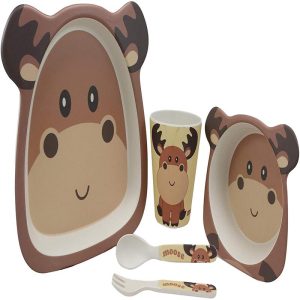 Ebros Wild Moose 5 Piece Organic Bamboo Dinnerware Set For Kids Children Toddler