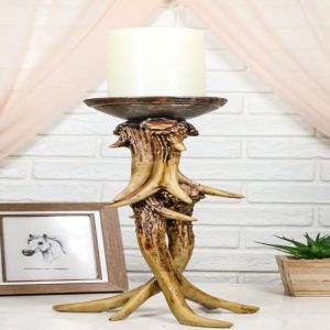 Ebros Wildlife Rustic Buck Elk Deer Stag Entwined Antlers Candle Holder Stand 14" Tall Nature Lovers Hunters Cabin Lodge Country Home Decorative Antler Candleholder Accent Centerpiece (1)