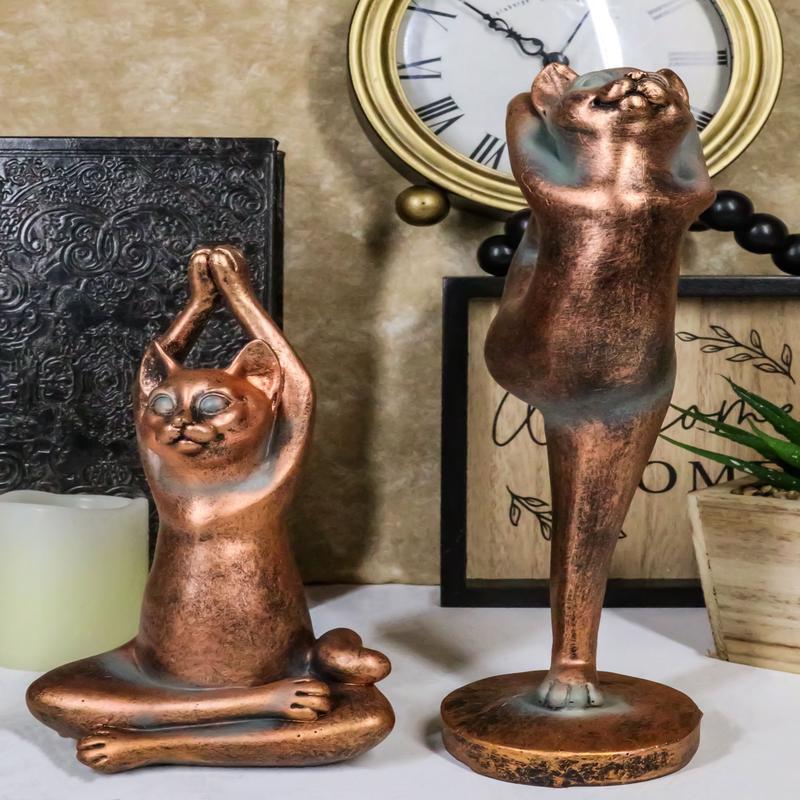 Ebros Yoga Cat Statue Set of 2 Stretching Zen Cats in Meditating and One Leg Balance Posture
