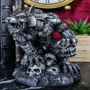 Steampunk Robotic Werewolf Crushing Skull Statue Lycan Cyborg Wolf Figurine