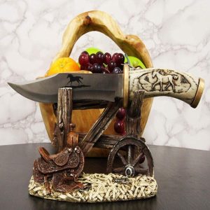 Western Horse Saddle By Wagon Wheel With Blunt Knife Display Holder Statue Set