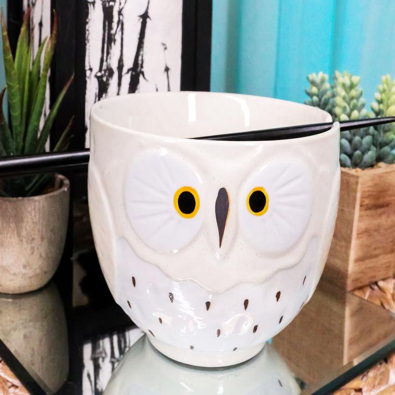 Whimsical Ceramic White Owl Ramen Udong Noodles Soup Bowl With Chopsticks Set