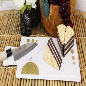White Banswara Marble Hors Doeuvres Cheese Board With Brass Gold Inlays 17.5"L