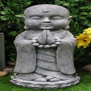 20"H Large Jizo Buddha Monk With Prayer Beads On Lotus Throne Garden Statue