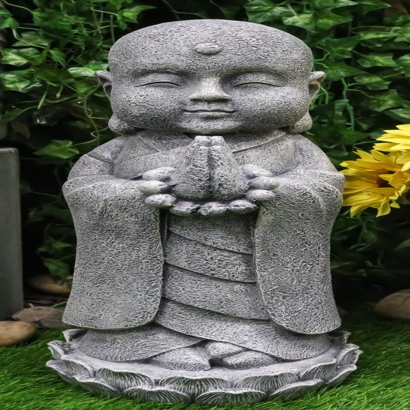 20"H Large Jizo Buddha Monk With Prayer Beads On Lotus Throne Garden Statue