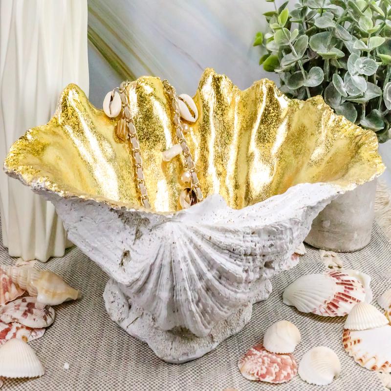 Ebros 10" L Golden Nautical Giant Clam Shell Jewelry Dish Bowl Holder Statue