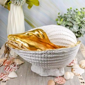 Ebros 10" L Golden Nautilus Mollusc Sea Shell Jewelry Dish Bowl Decor Statue
