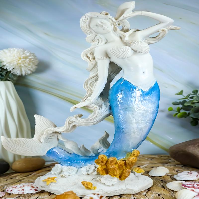 Ebros Capiz Blue Ombre Tail Mermaid With Conch Shell By Sea Coral Reef Statue