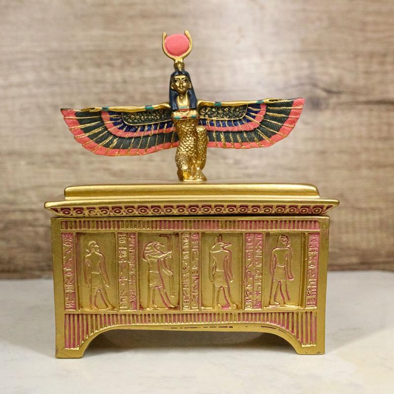 Ebros Egyptian Isis With Open Wings Golden Jewelry Box Statue Motherhood Magic