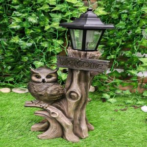 Ebros Forest Guardian Night Owl Welcome Sign Statue With Solar Powered Lantern