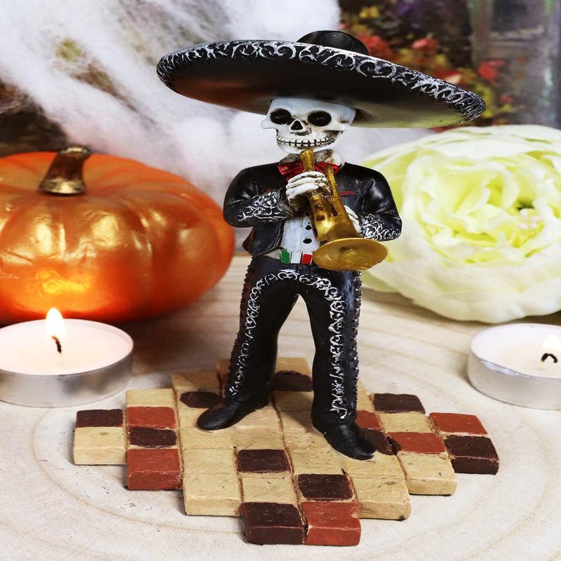 Ebros Gothic Day of The Dead Black Mariachi Skeleton Trumpet Player Figurine 5.5"H