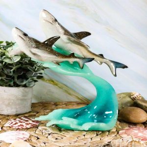 Ebros Marine Great White Shark Mother & Baby Swimming With Ocean Waves Statue