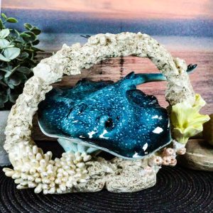 Ebros Nautical Marine Blue Stingray Fish Swimming By Coral Reef Decor Statue