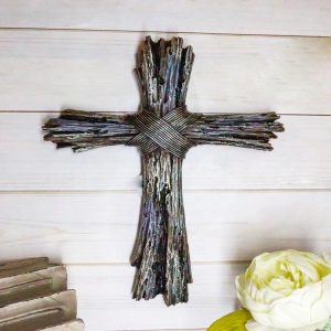 Ebros Rustic Faux Resin Driftwood Finish Crucifix Rugged Wall Cross Decor 13"H