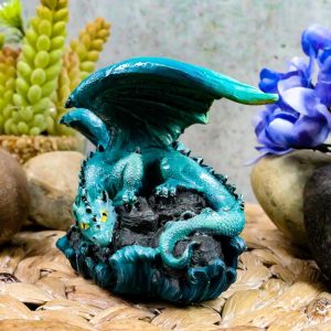 Ebros Small Aqua Blue Whimsical Dragon On Ocean Rock Statue 3.75"Long Fantasy