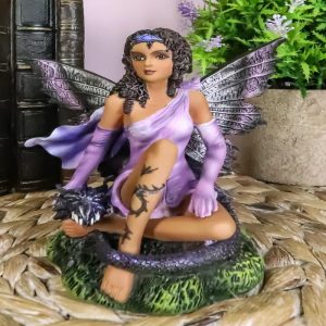 Ebros Tribal Ebony Moth Fairy With Baby Dragon Statue Black African Fairy 5"H