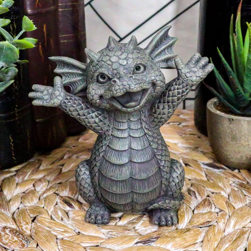 Hug Me Please! Small Baby Garden Dragon With Wide Open Arms Statue Fantasy Decor