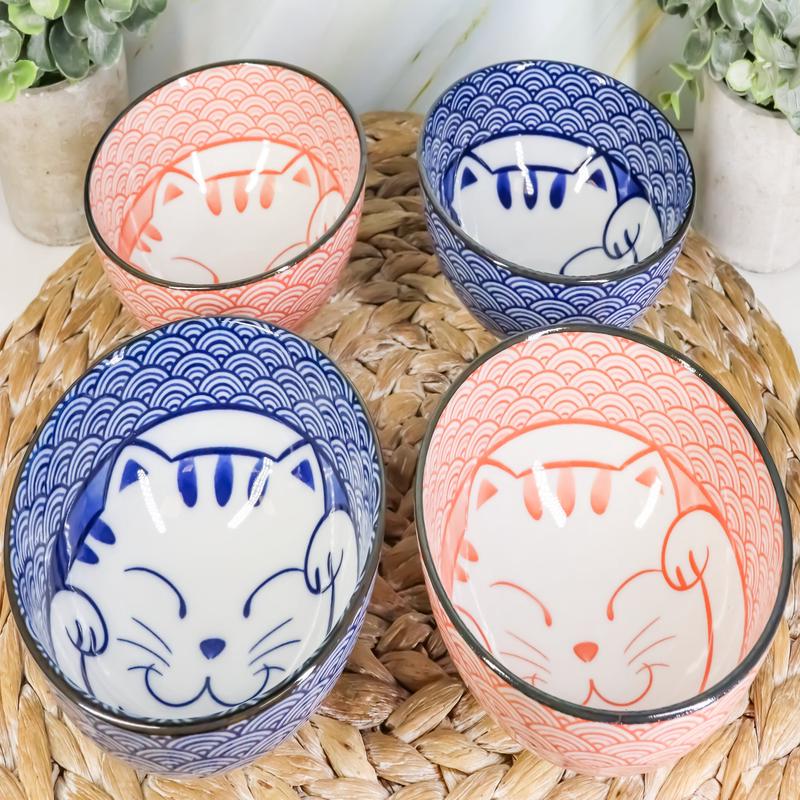 Japanese Lucky Cat Maneki Neko 4.5"D 11oz Colorful Porcelain Rice Bowls Set of 4