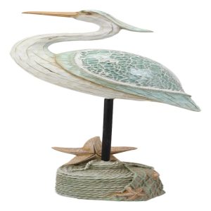 Large Blue Heron On Beach Getty Post With Starfish Fishing Net Decorative Statue
