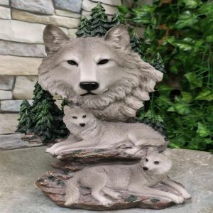 Mountain Scenery Gray Wolf Family Statue Timber Wolf Pack On Rocks 13"H Figurine